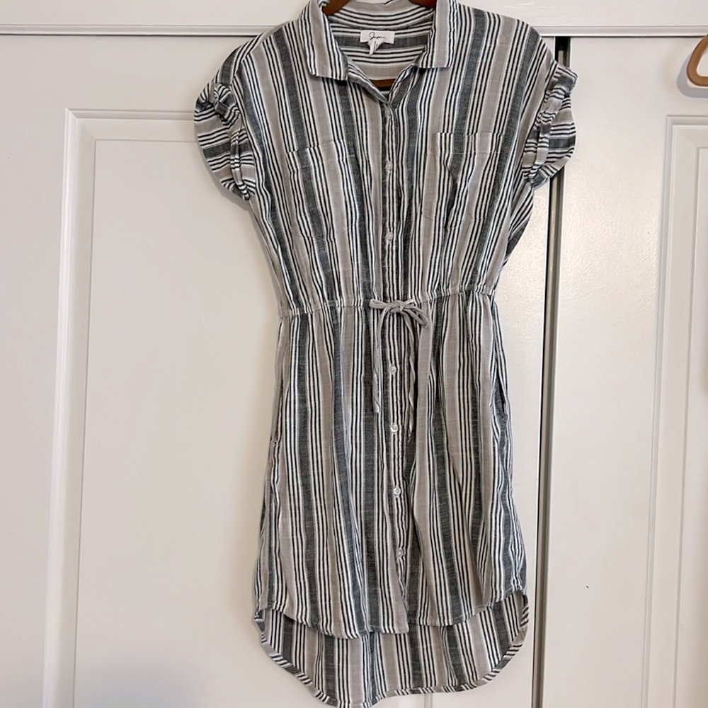 Japna cotton blend striped button-up shirt dress drawstring waist cap sleeves M